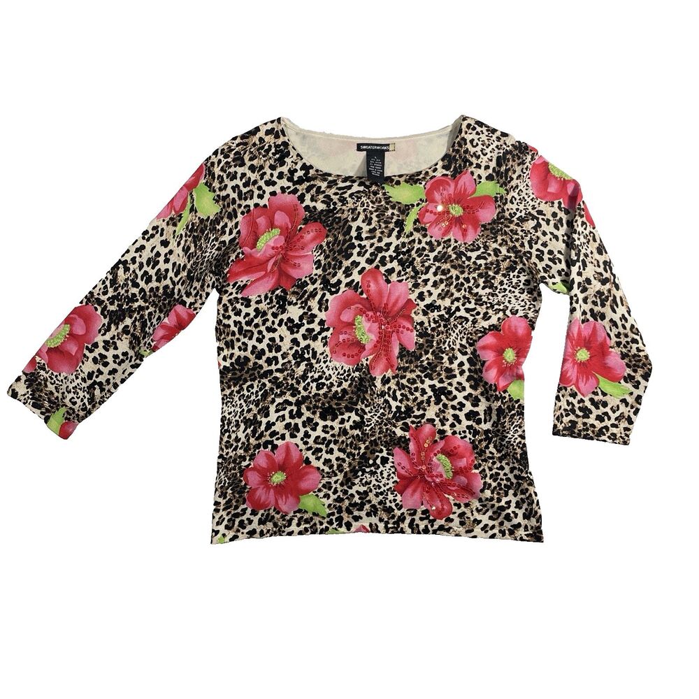 Y2K Sweater Works Cheetah Print Sequin Top Size L Funky Sparkle Silk Blend